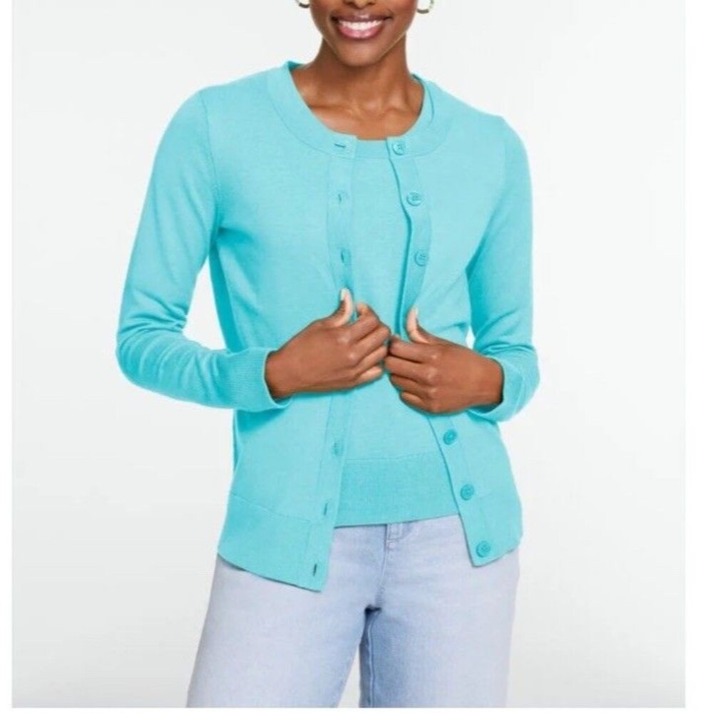 Talbots teal button-front cardigan sweater Sz MP